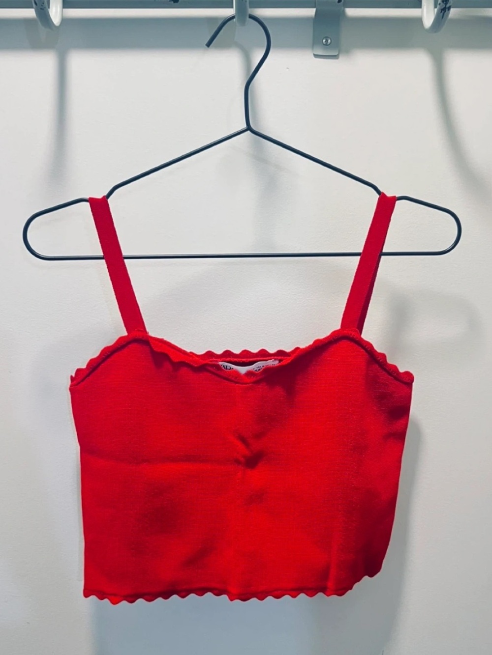 Zara Red Ribbed Scallop-Trim Crop Cami